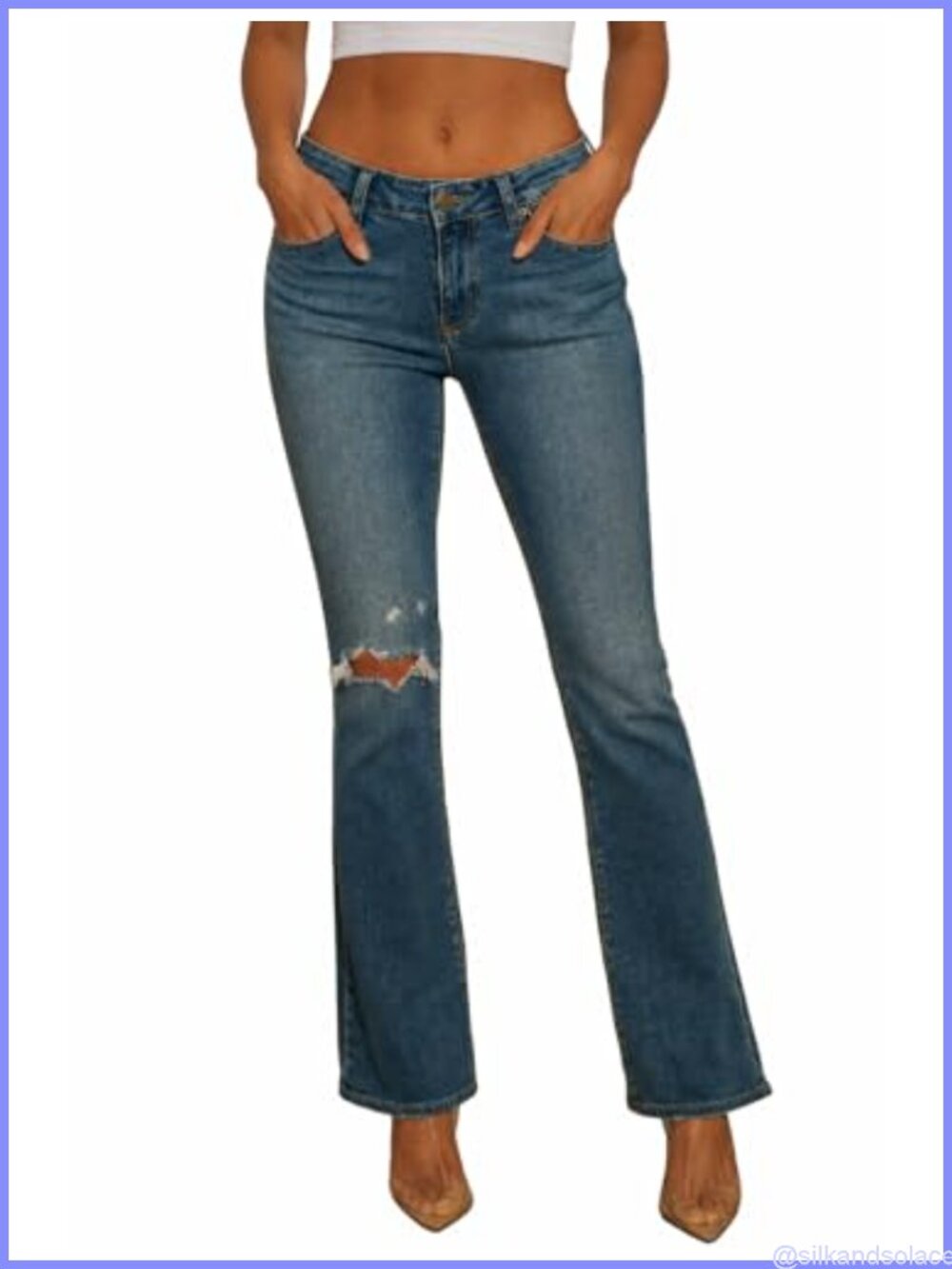 Women's Low Rise Stretchy Distressed Flare Jeans Ripped Denim Bootcut